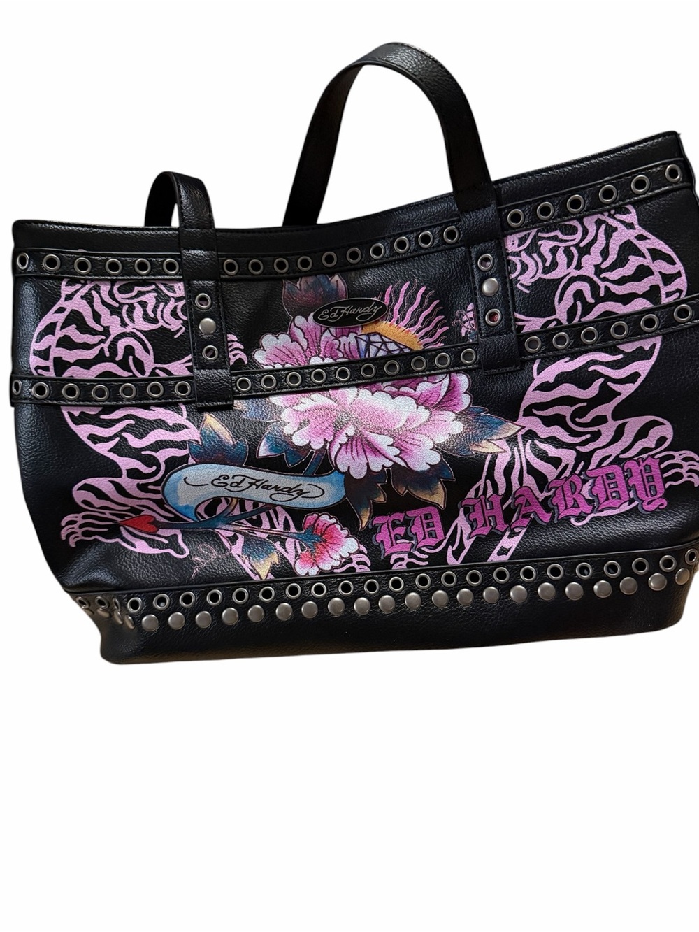 Ed Hardy Black and Pink Floral Studded Tote